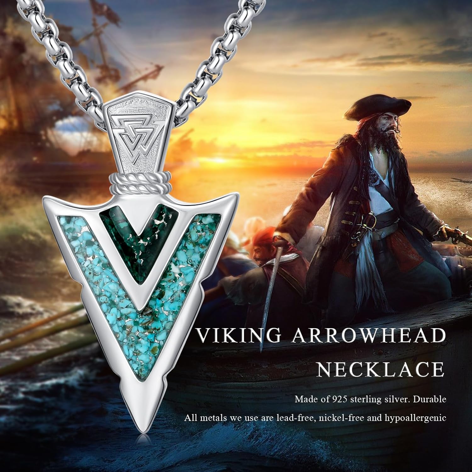 Arrowhead Necklace for Men Women 925 Sterling Silver Turquoise Malachite Celtic/Eye of Horus/Viking Arrow Pendant Amulet Jewelry Gifts Native American Necklace - Image 7