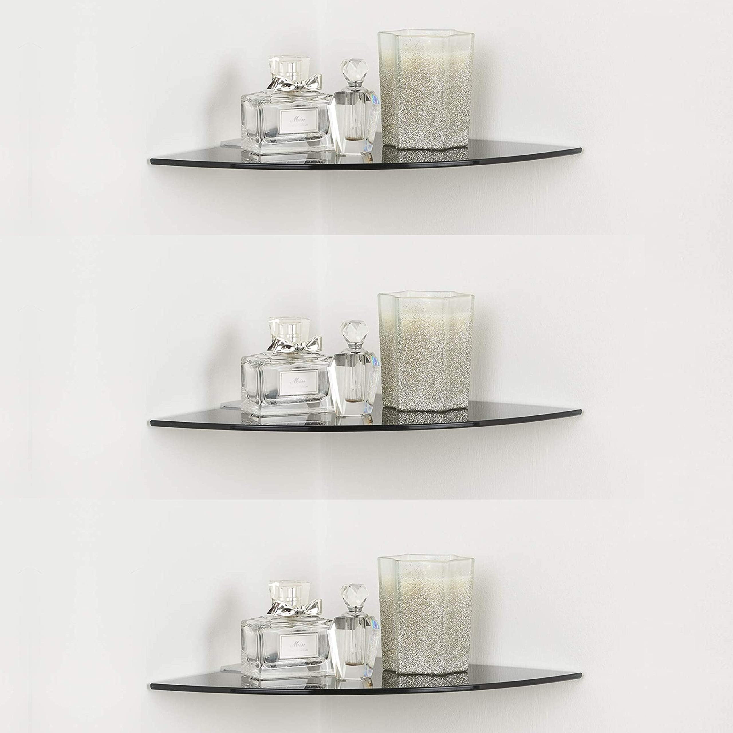 Evolite Premium Tempered Black Glass Corner for Bathroom Kitchen and Wall Mount Storage Accessories with Fitted Brackets for Home Decor - 8mm Toughened Glass Shelf (9 x 9 inch)(Pack of 3)