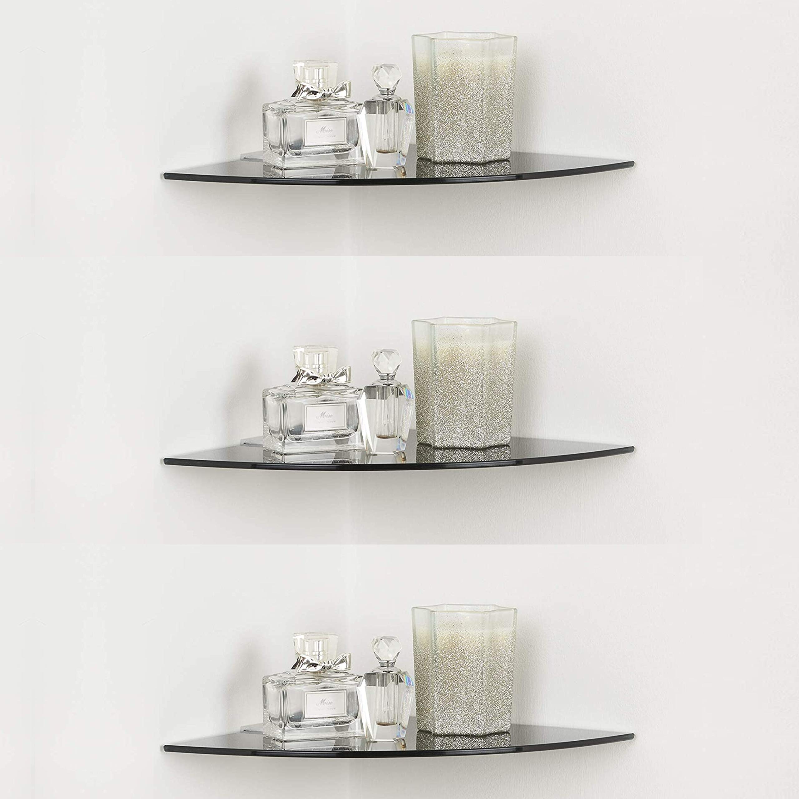 Evolite Premium Tempered Black Glass Corner for Bathroom Kitchen and Wall Mount Storage Accessories with Fitted Brackets for Home Decor - 8mm Toughened Glass Shelf (9 x 9 inch)(Pack of 3)
