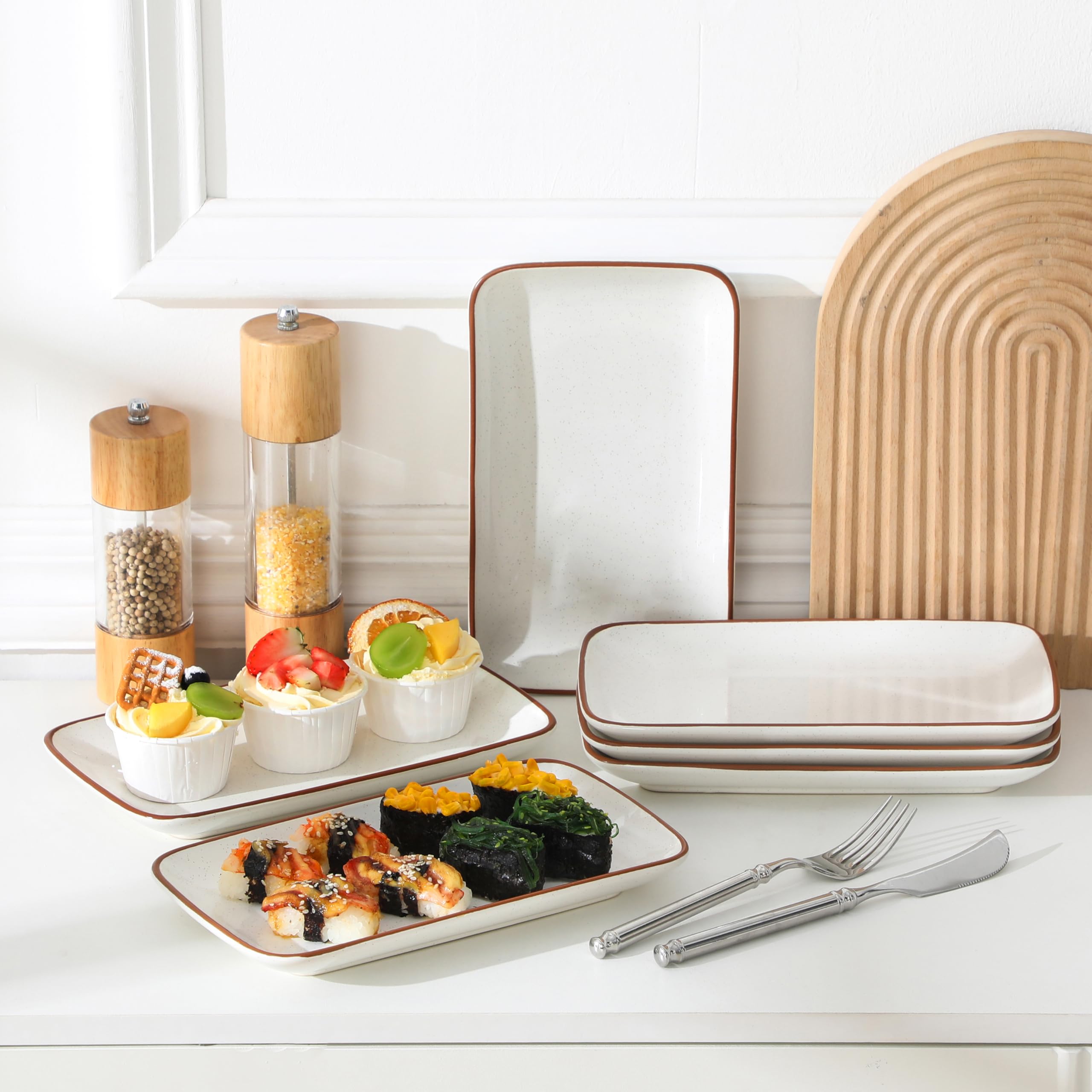 MALACASA Set di 6 piatti da portata rettangolari in porcellana da 24,1 cm, piatti da sushi, piatti per servire alimenti, dessert, lavastoviglie e microonde, serie Tara