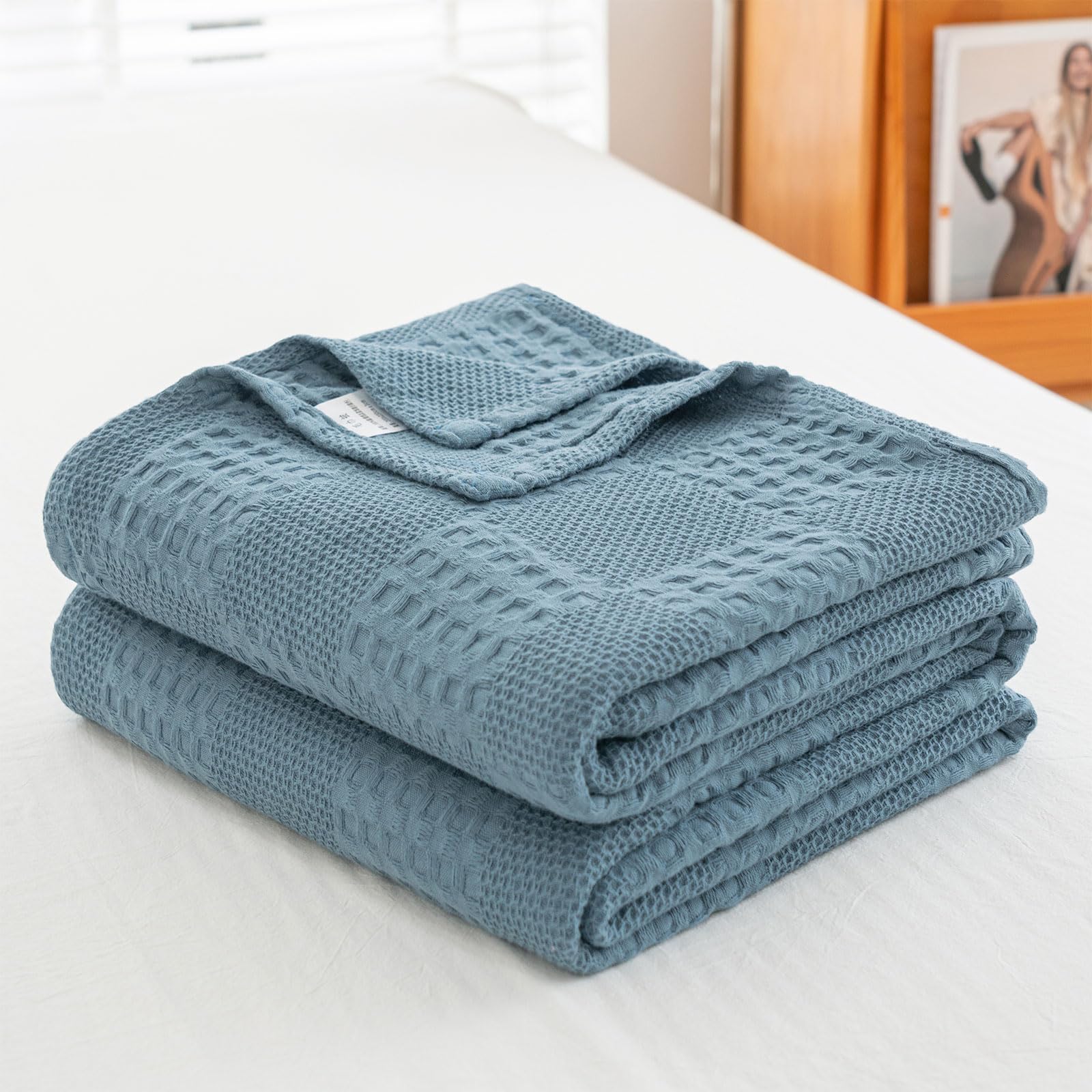 Xrare Hollow Out Cotton Blanket, Summer Thin Bed Throw, Double Size, For Bed Sofa Naps, Blue 180x200cm