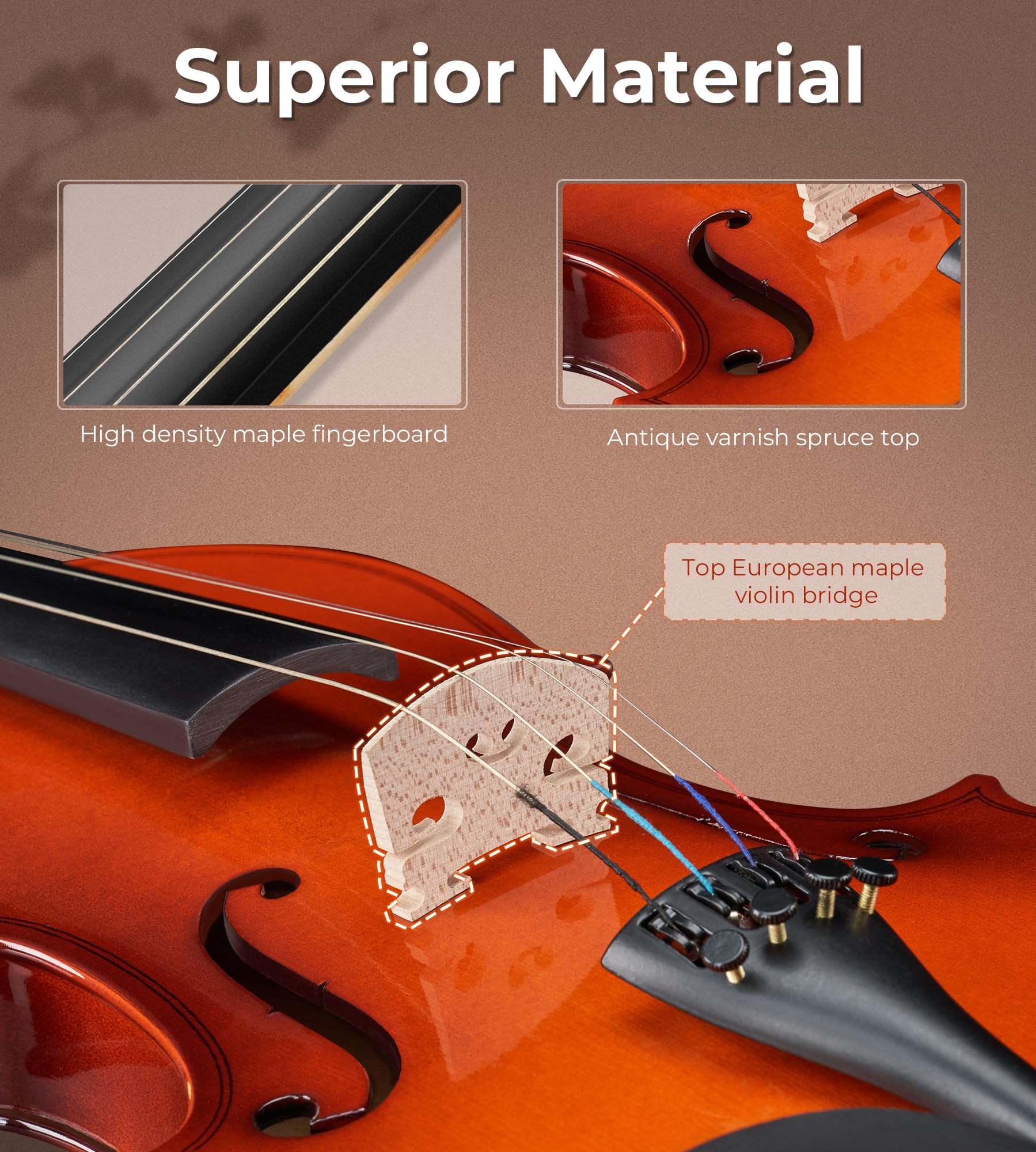 Vangoa Kit violino 1/2 per principianti, per bambini dai 6 anni in su, set con custodia rigida, colofonia, arco, corda, spalliera, adesivo guida per tastiera, satinato anticato