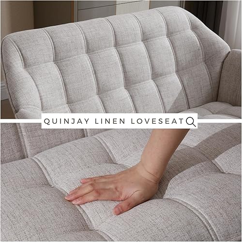 Miniatura 4 de Sofá biplaza pequeño de 48 pulgadas, moderno sofá de tela de lino de 2 plazas con respaldos acolchados y patas de madera para sala de estar,