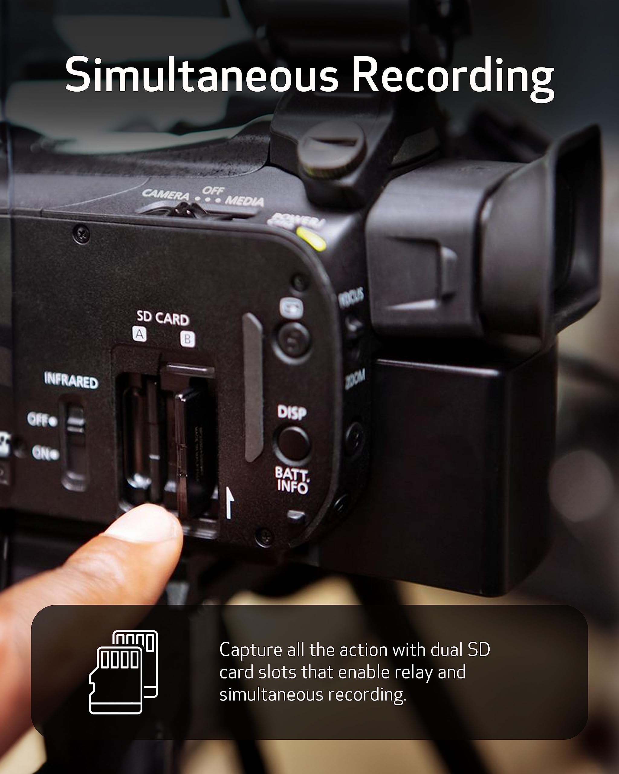 Finger inserting an SD card into the Canon XA65 camcorder's dual SD card slot.