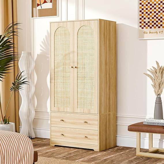 VINGLI Wardrobe Closet with Doors, Rattan Armoire Wardrobe Closet with Drawers & Hanging Rod, Wooden Armoire for Hanging Clothes, Natural Oak, 68.9" H