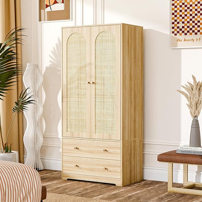VINGLI Wardrobe Closet with Doors, Rattan Armoire Wardrobe Closet with Drawers & Hanging Rod, Wooden Armoire for Hanging Clothes, Natural Oak, 68.9" H