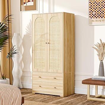 VINGLI Wardrobe Closet with Doors, Rattan Armoire Wardrobe Closet with Drawers & Hanging Rod, Wooden Armoire for Hanging Clothes, Natural Oak, 68.9" H