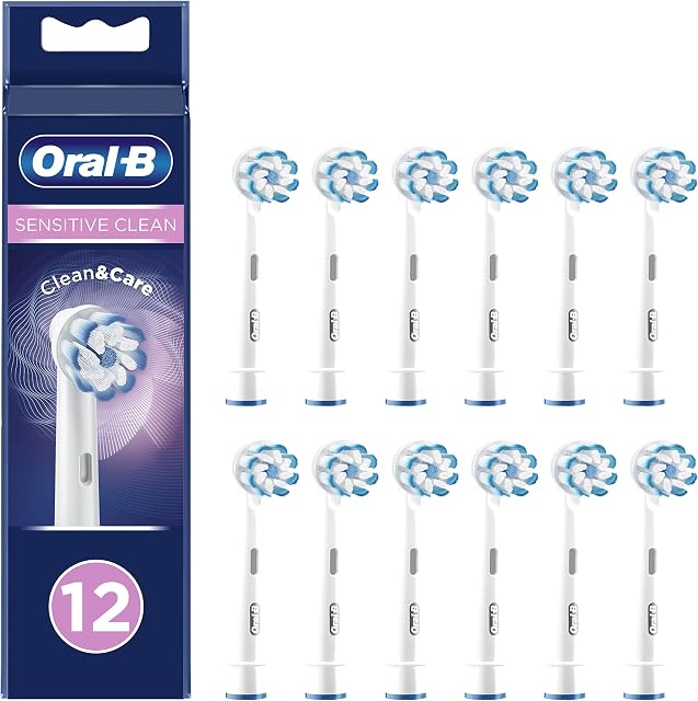 Oral-B Sensitive Clean Electric Toothbrush Head with Clean & Care Technology, Extra Soft Bristles for Gentle Plaque Removal, Pack of 12, Suitable for Mailbox, White