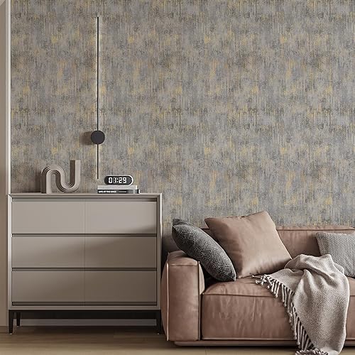 Miniatura 8 de Papel tapiz gris y dorado de 17.3 x 236 pulgadas, papel tapiz blanco industrial metálico texturizado, papel de contacto moderno, papel tapiz de