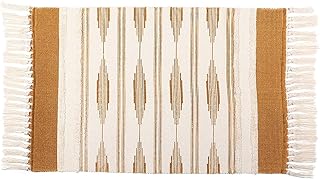 Yellow Bohemian Bathroom Rug with Tassels, Bohemian Style Mat (23.6 x 35 Inches)