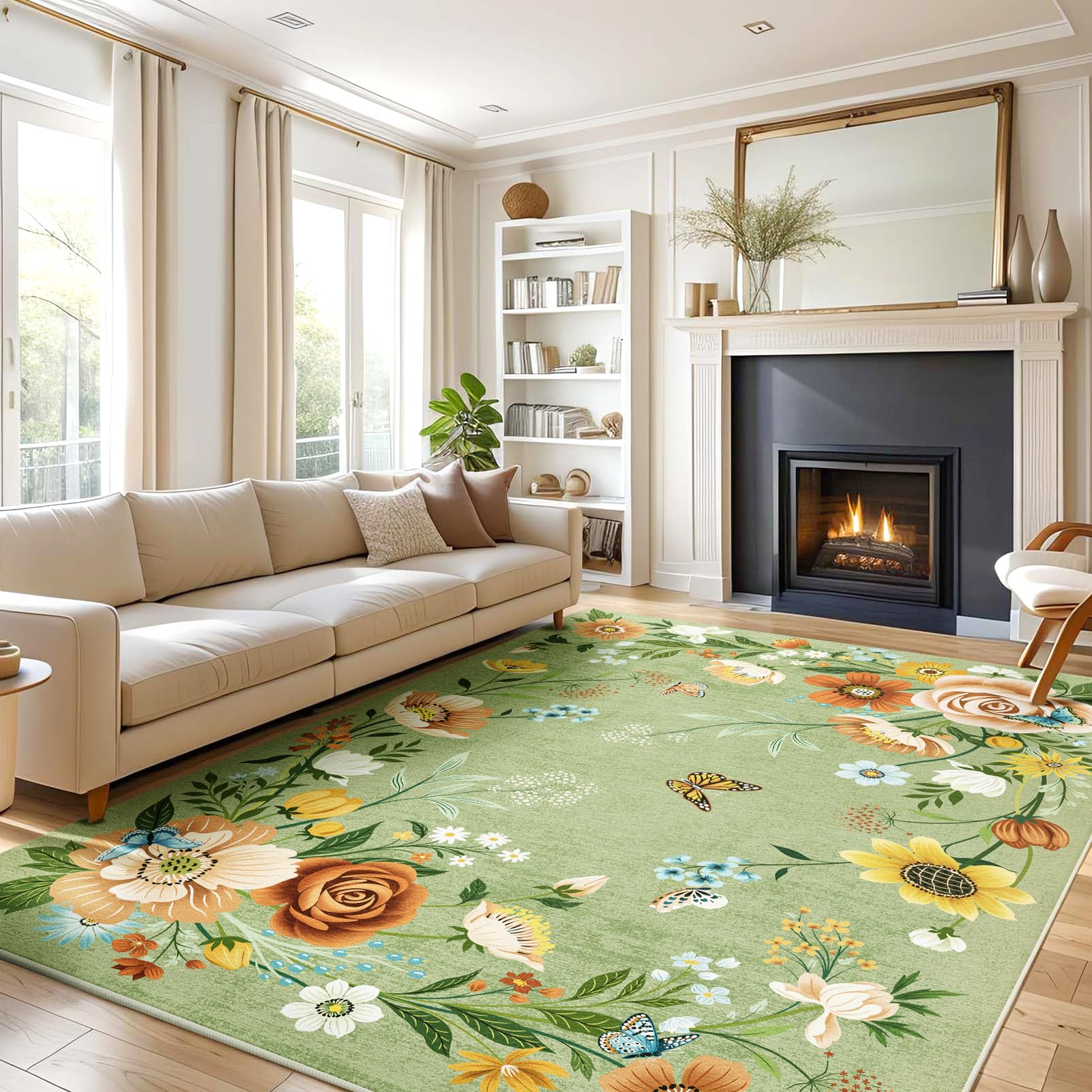 Truqual 5x7 Rug Clearance Area Rug for Living Room Green Washable Rug Non Slip Vintage Floral Rug Carpet for Bedroom, Kids Playroom, Farmhouse, Dining