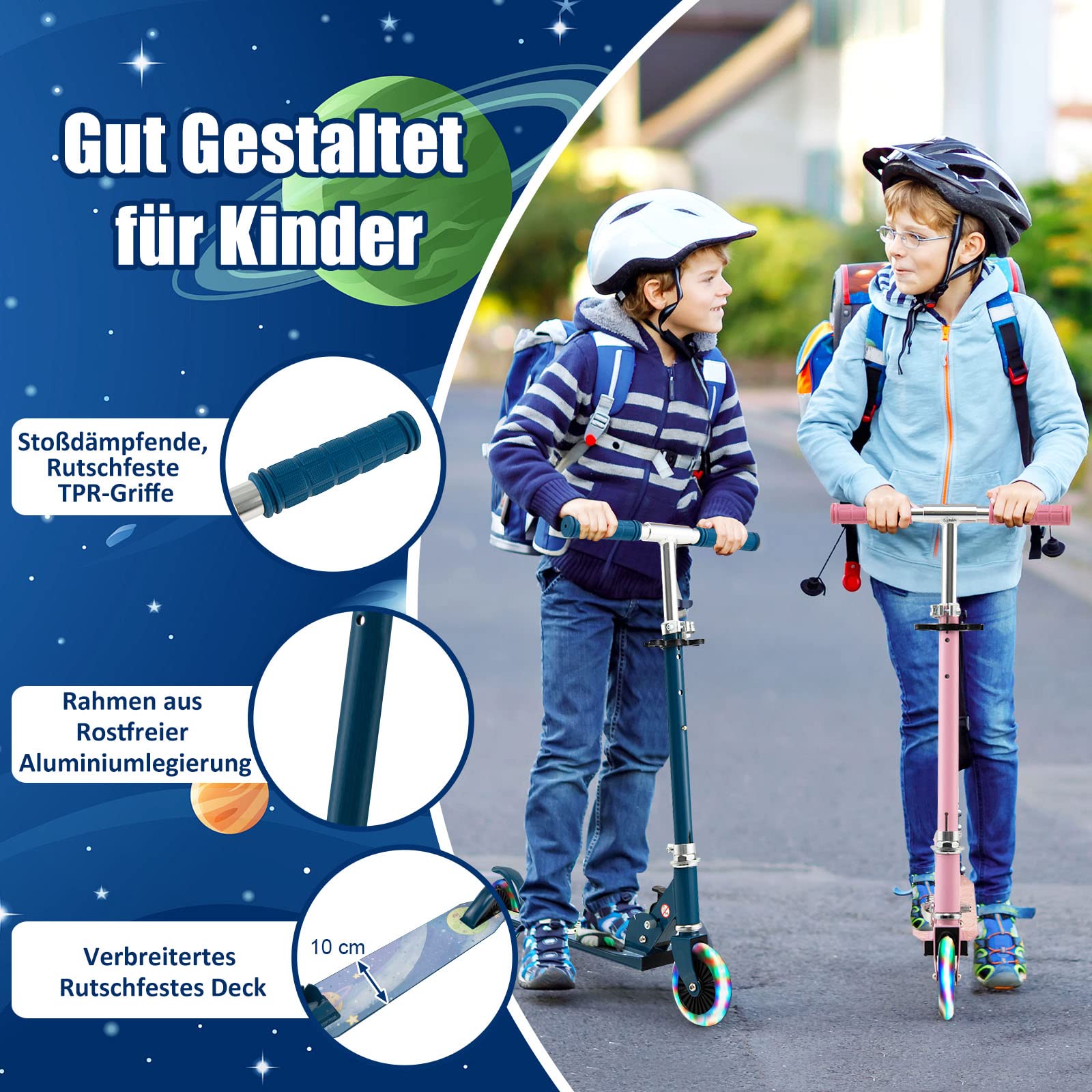 GOPLUS Roller Kinder 3 Jahre, 3-Stufig höhenverstellbarer Kinderroller, Kinder Scooter mit LED Rädern & Hinterradbremse, klappbarer Kickscooter mit/ohne Tragegurt & Ständer, Leichter Aluminium-Roller