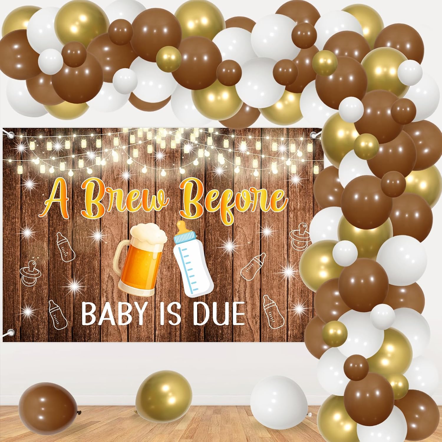 JOYMEMO Bottle and Beer Baby Shower Decorations Brown - Balloon Garland Arch Kit with Rustic A Brew Before Baby Is Due Backdrop for Pregnancy Celebration Newborn Birthday Party