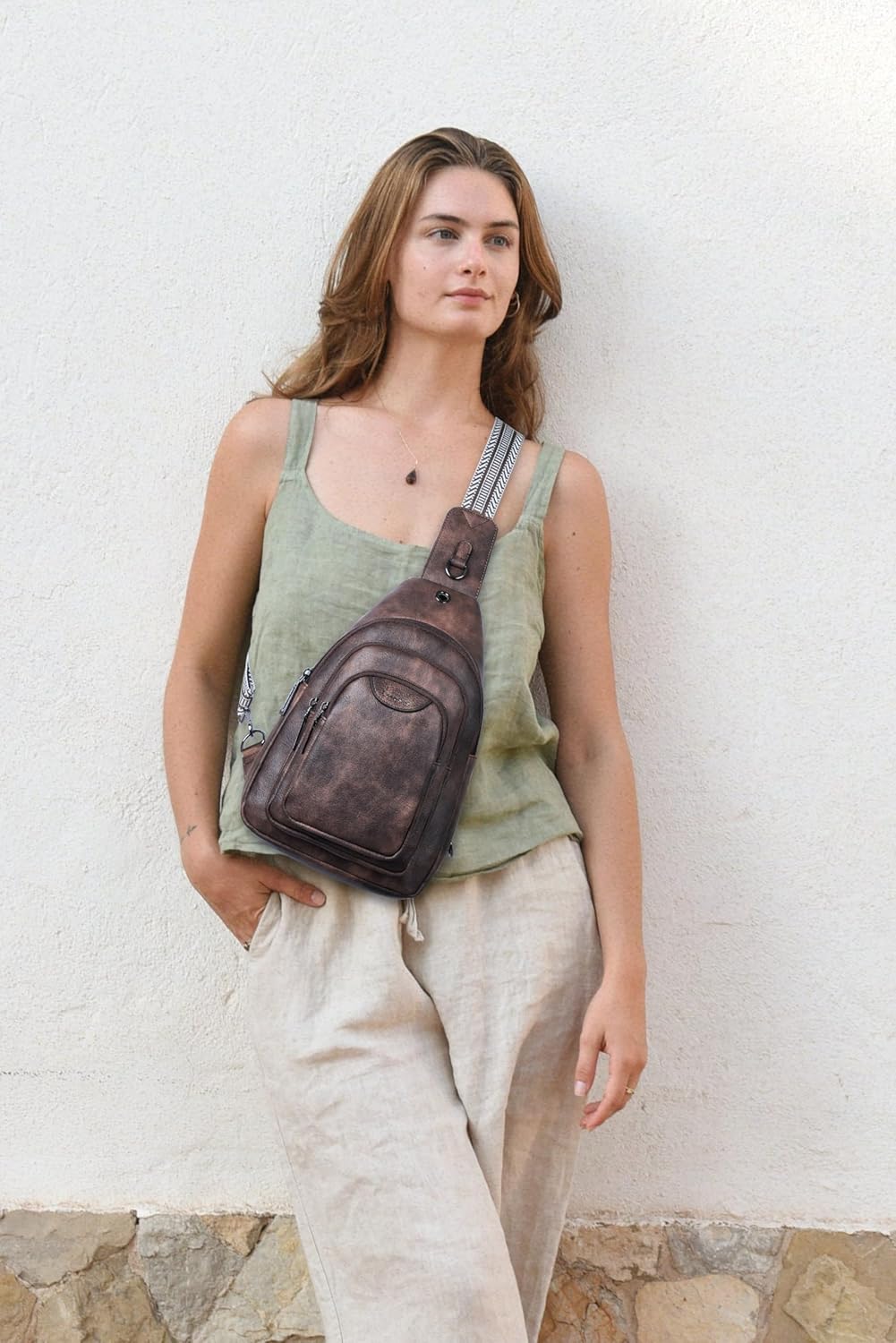 10L Crossbody Sling Bag for Women Men Anti Theft Cross Body Fanny Pack Belt Bag Purse Gifts for Women Faux Leather, Coffee - Image 8