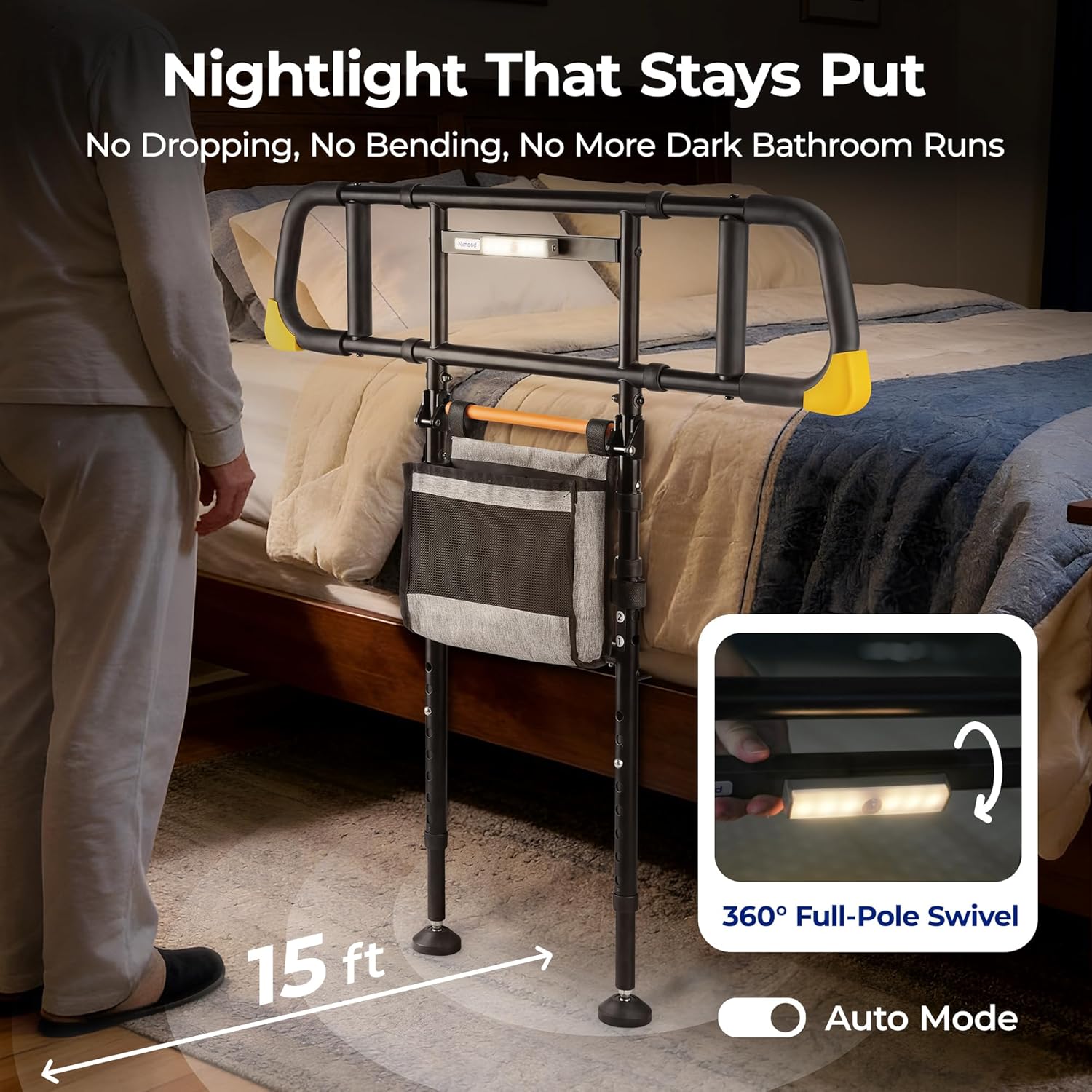 C5 Pro Bed Rail for Home Safety - Foldable Bed Rail for Seniors with Motion-Activated Light & Storage Bag, 350 lbs Weight Capacity