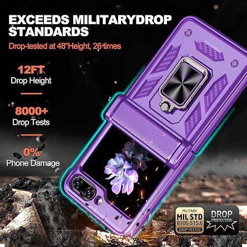 Miniatura 9 de Funda para Samsung Galaxy Z Flip 5 5G con protección de bisagra, cubierta de cámara deslizante resistente militar, fundas con anillo, soporte