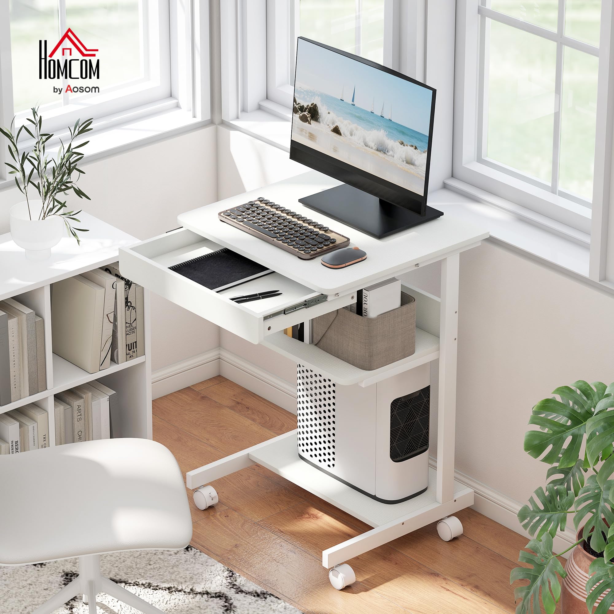 HOMCOM Scrivania per computer su ruote, scrivania con spazio 56 x 51 cm con cassetto, scomparto e supporto per CPU, tavolo da computer per studio per piccoli spazi camera da letto, bianco