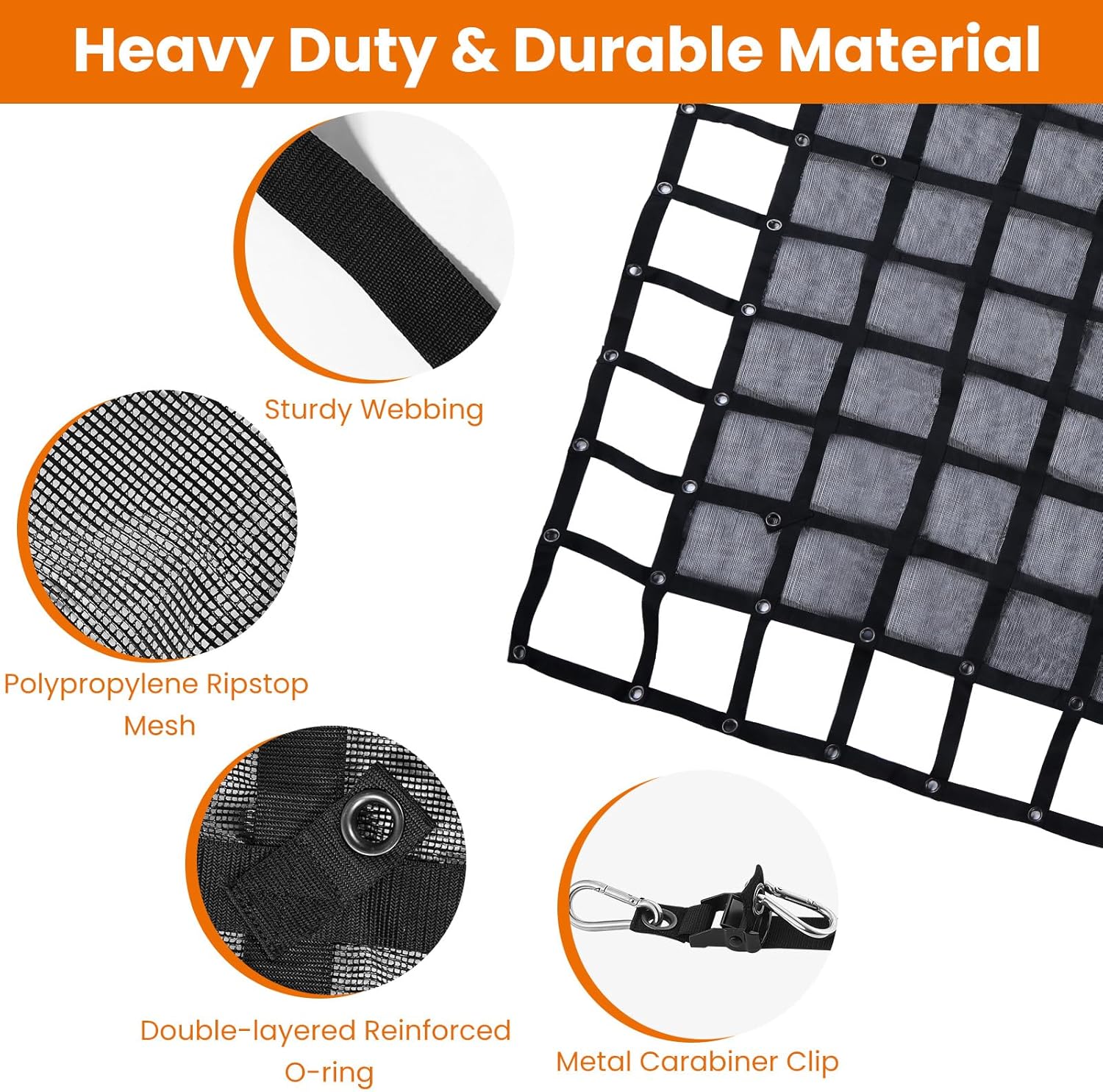 Heavy Duty Cargo Net, 4.75 x 6 ft Truck Bed Cargo Net, Cargo Carrier for Trailer Jeep SUV UTV Rack Bed Rail Boat Pickup Bed, 4 Straps with Carabiner Clips & J-Hook (57 x 72 inches) - Image 2