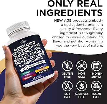 NEW AGE Glucosamine Chondroitin, MSM, Turmeric Curcumin, Collagen, Hyaluronic Acid, Omega 3 Health Supplement for Men & Women 240 Count