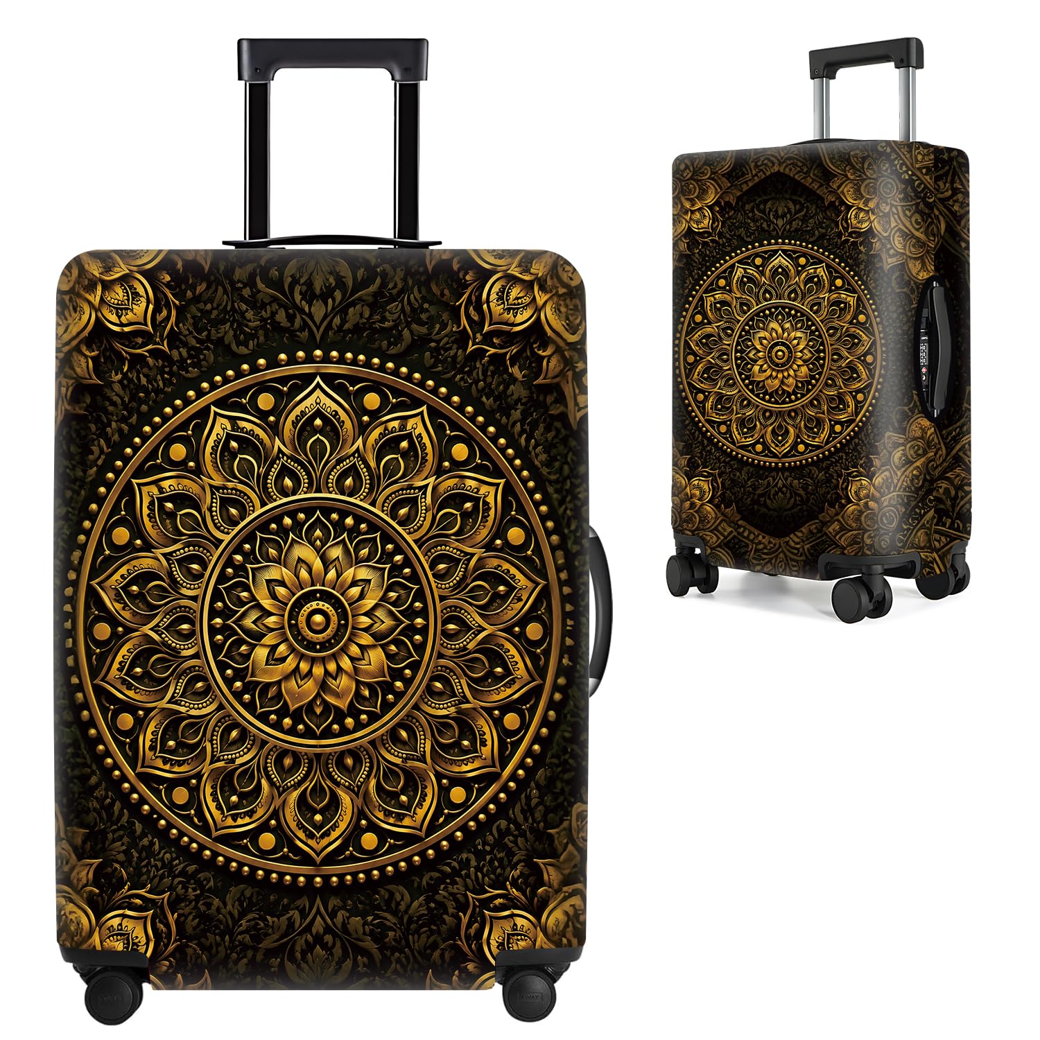 Luxury Gold Mandala Luggage Cover Protective Suitcase Protector, Vintage Bohemian Floral Elastic Washable Travel Baggage Cover Fits 32-34 Inch Suitcase, Elegant Gold and Black Design,XL