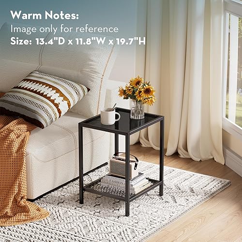Miniatura 6 de SAYGOER Mesa auxiliar negra pequeña de vidrio de 2 niveles, mesas auxiliares cuadradas estrechas para cama, 13.4 x 11.8 x 19.7 pulgadas, sofá 2-Mesa