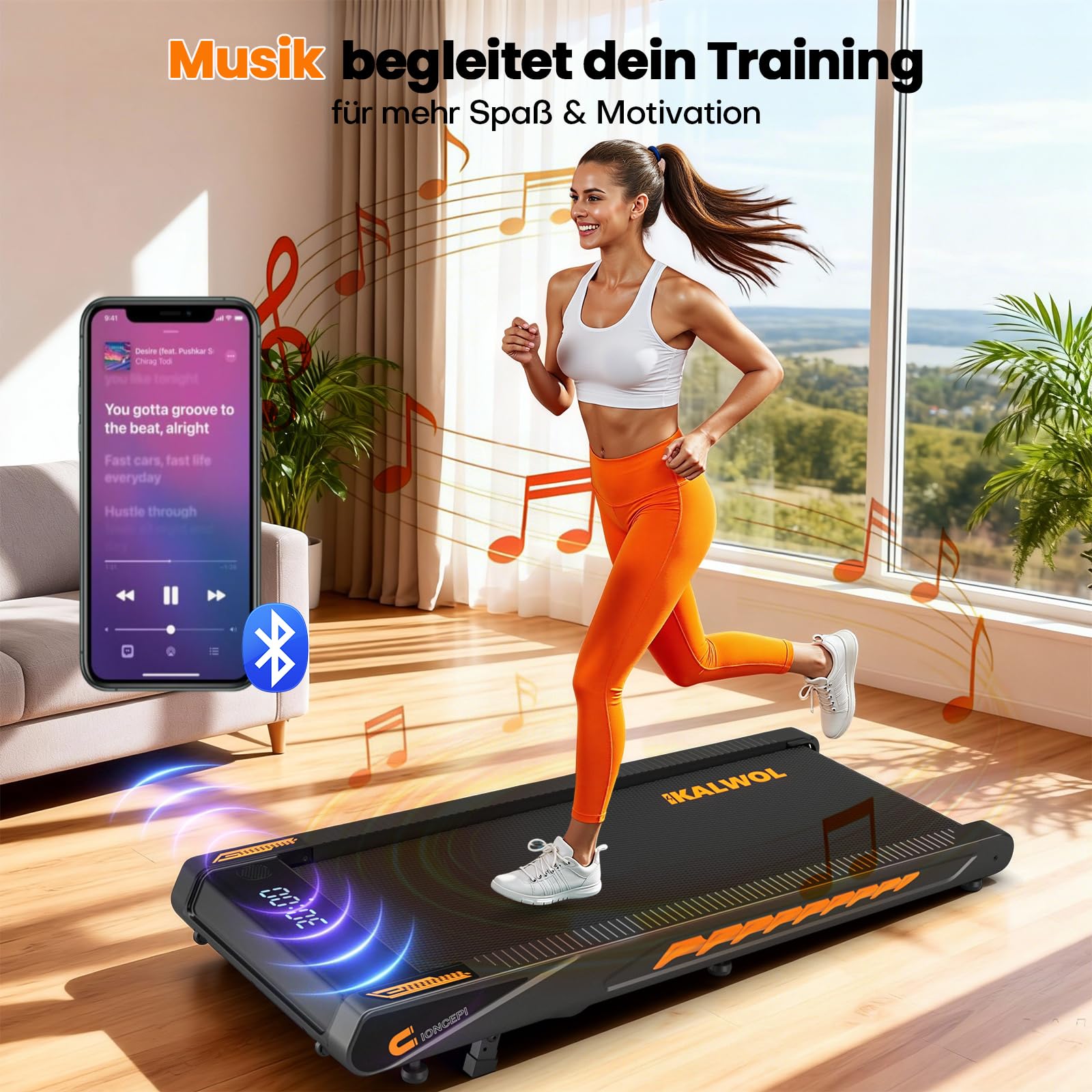Walking Pad mit Bluetooth Lautsprecher, 4 in 1 10km/h Laufband für Zuhause mit 10% Steigung, 2,75 HP bürstenloser Treadmill für Zuhause & Büro mit LED-Display, 12 HIIT-Programme, Bis 160 kg
