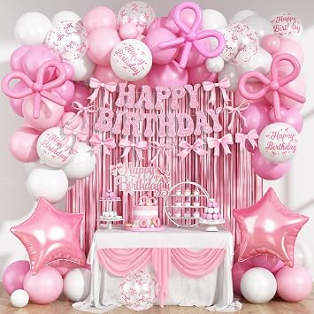 Pink Bow Birthday Decorations, Coquette Party Decoration for Girls Women Pastel Light Pink White Bow Latex Balloons Happy Birthday Banner Cake Topper for Baby Shower Bachelorette Party Decor Supplies