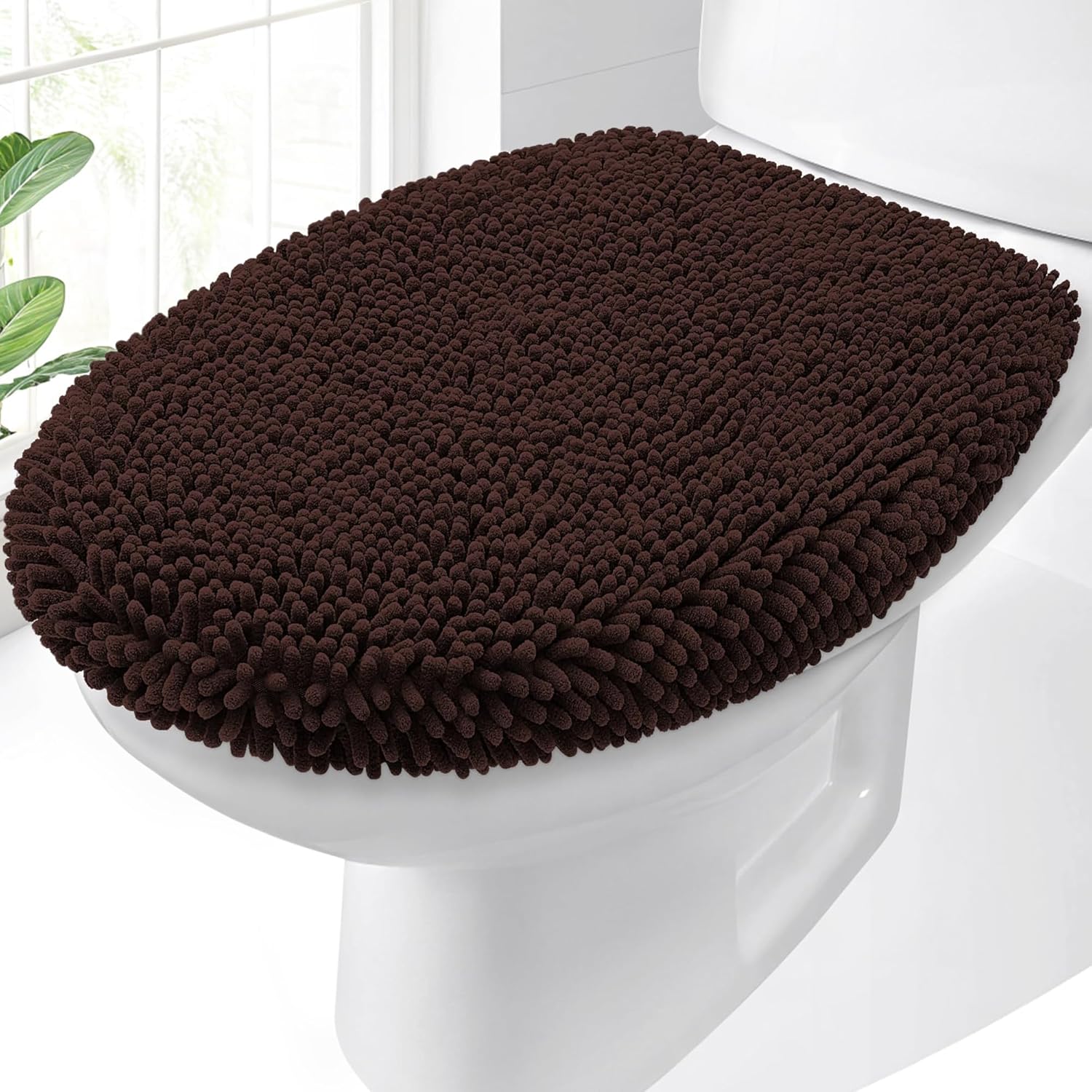 OLANLY Soft Chenille Bathroom Toilet Lid Cover, Machine Washable Seat Covers, 17.5x15, Stays in Place with Rubber Backing, Fits Most Round, Elongated and Oblong Lids, Bathroom Accessories Decor, Brown
