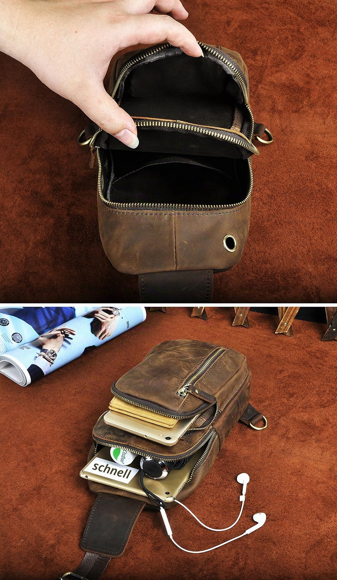 Le’aokuu Herren Echtes Leder Brusttasche Crossbody Bag Sling Bag Schultertasche Gurteltasche Umhängetasche Rucksack Brustbeutel Für Outdoor Sport Reisen (8005 A Braun)
