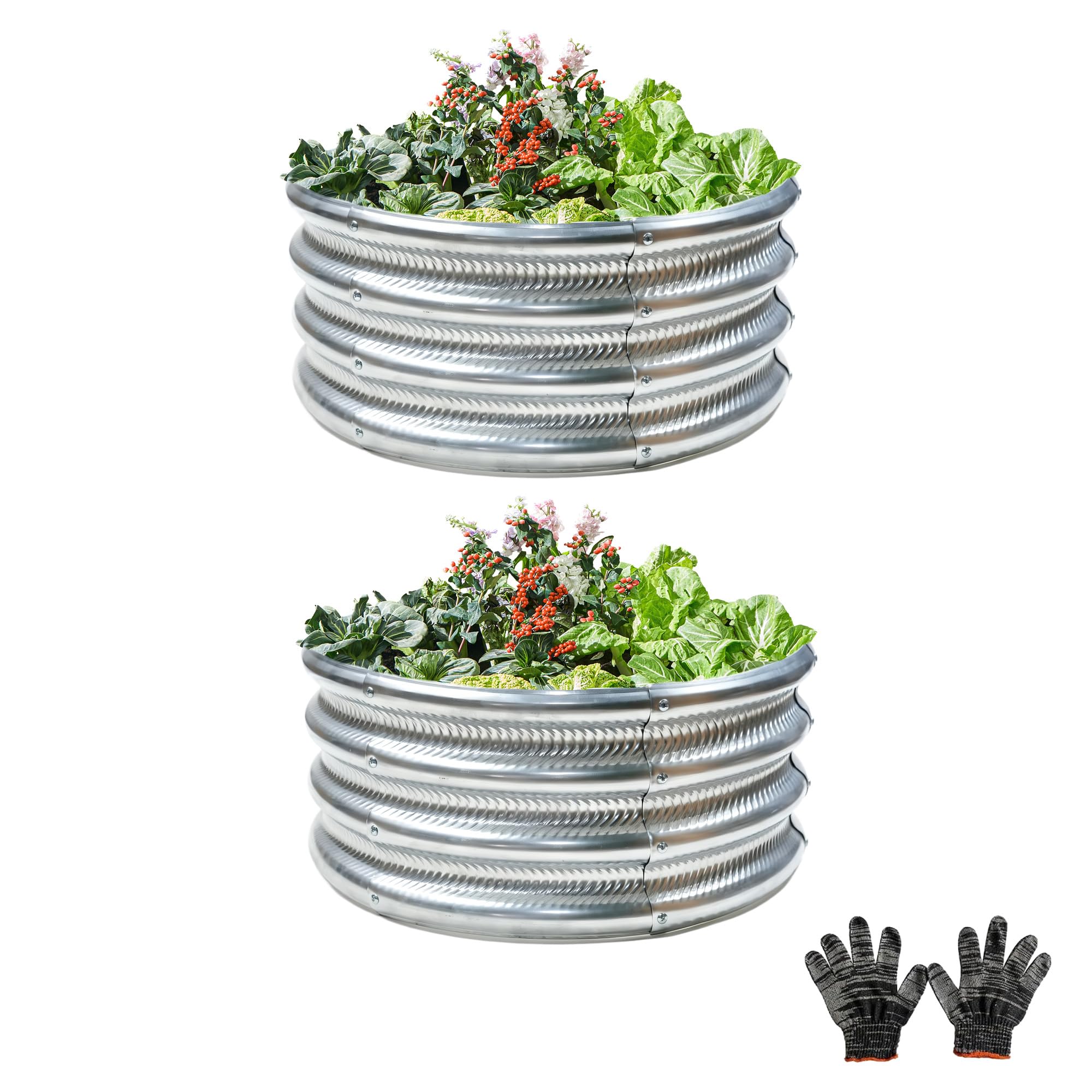 Gartist 2 Pcs 2x2X1 FT Round Galvanized Raised Garden Bed Kit, Silver Outdoor Planter Garden Bed, Metal Raised Box for Vegetables, Fruits, Flowers &amp; Herbs