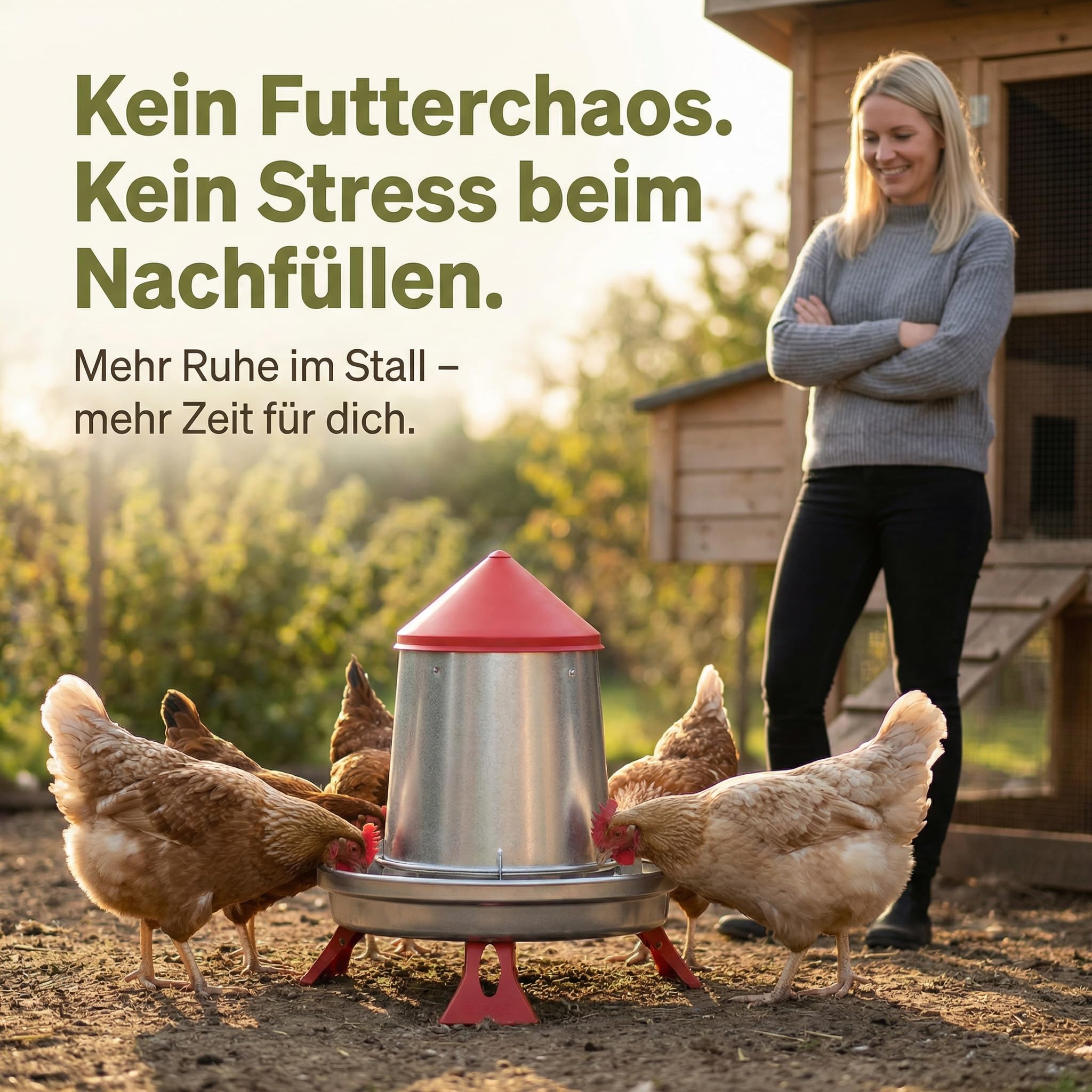 Comedero automático para pollos, 9 L, metal galvanizado, dosificación ajustable con tapa, dispensador de alimentos para gallinas, accesorios con patas y suspensión, limpio y económico