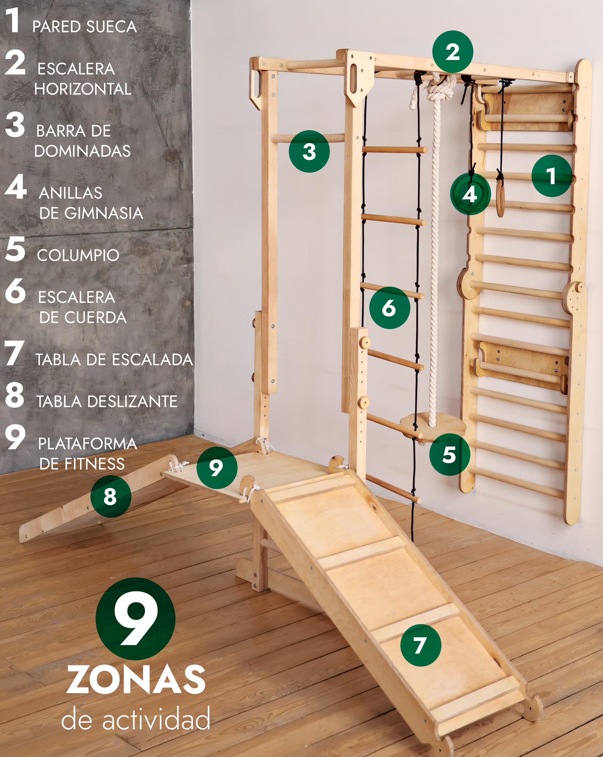 Juego de Escalada de Madera 9 en 1 para niños, Inspirado en Montessori, con Barra de Barras, Barra de dominadas, Anillos, Columpios, Escalera, Tabla de Escalada, tobogán y Plataforma