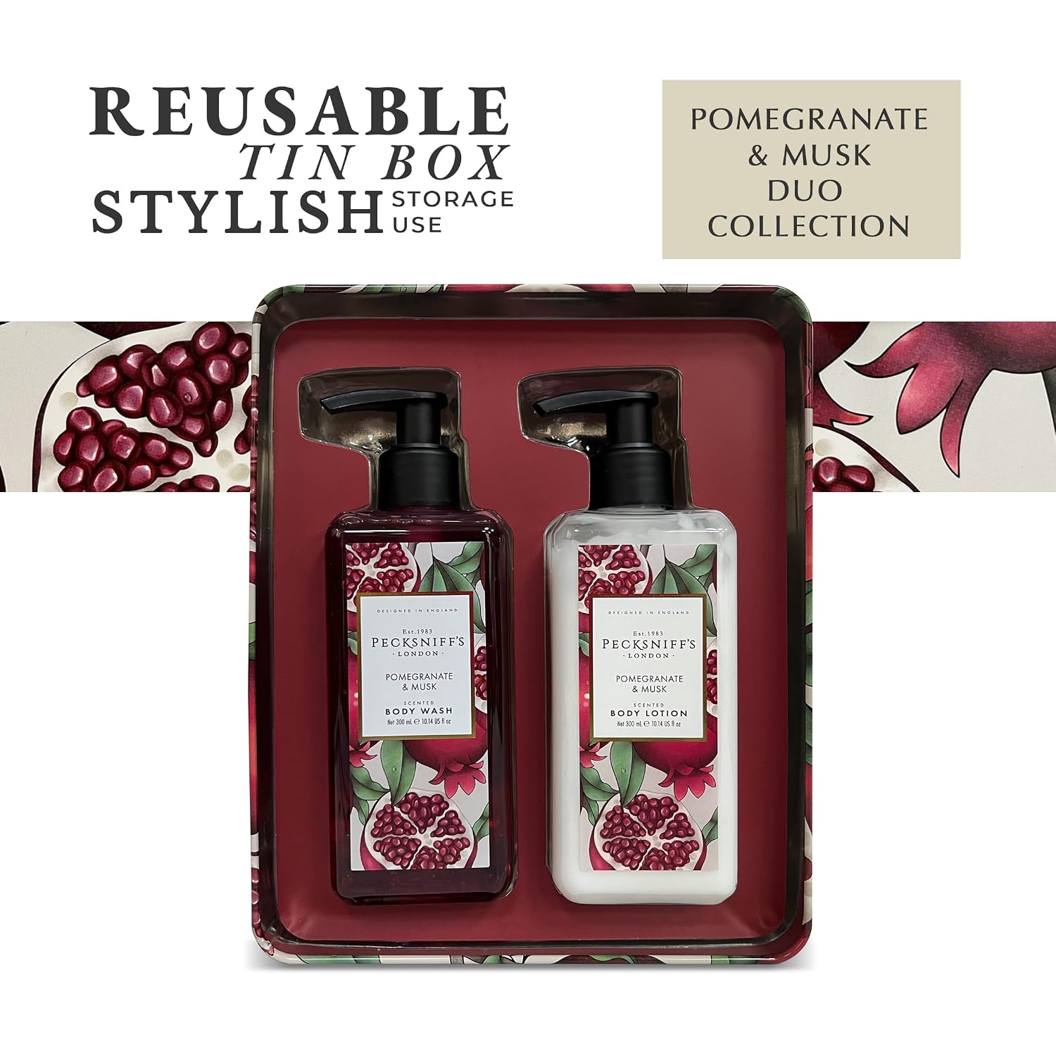 Pecksniff's Body Care Duo Tin Box – Enchanted Pomegranate & Musk 300ml Body Wash and 300ml Body Lotion Gift Set, Luxury Skincare Collection with Reusable Tin, Hydrating & Nourishing Daily Care