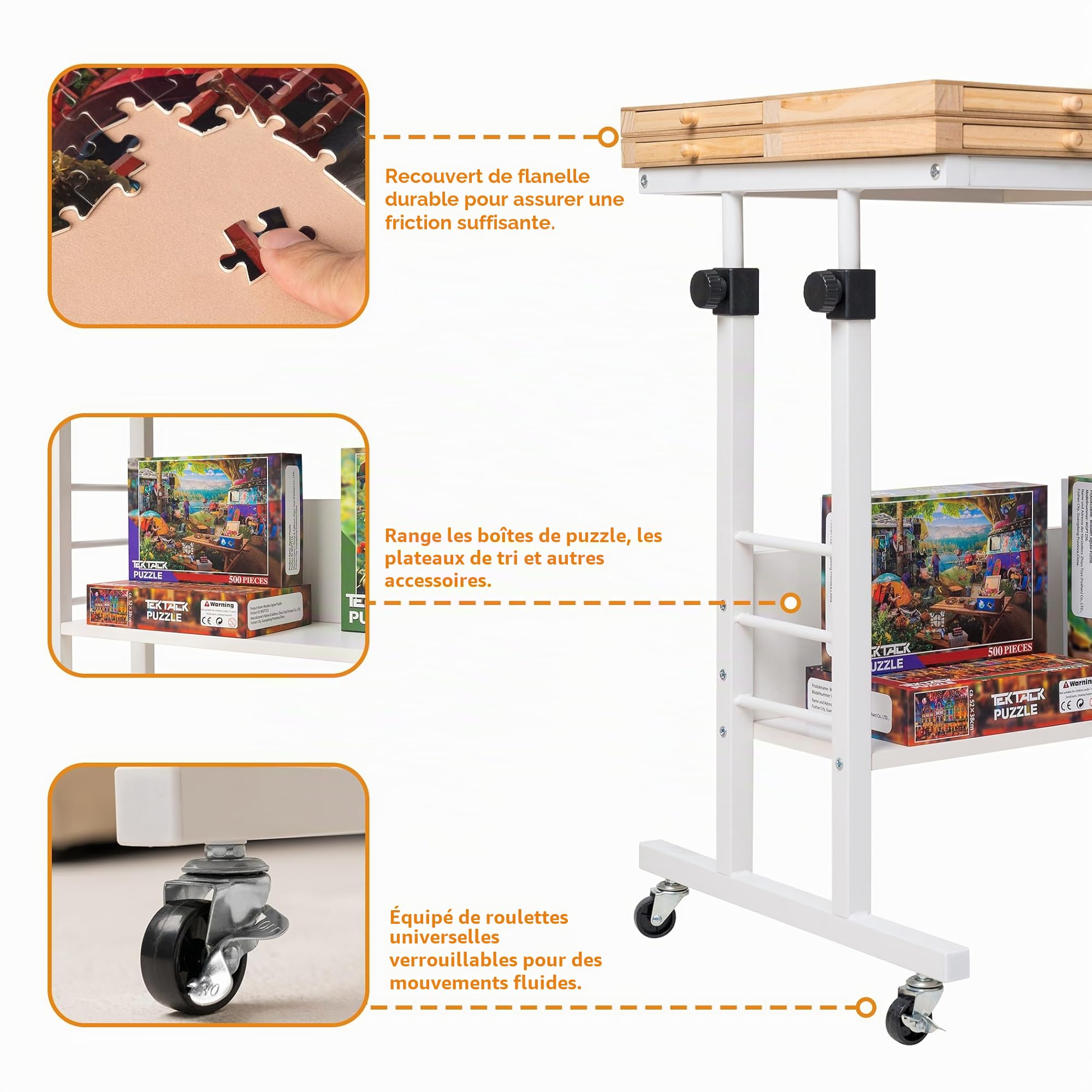Tektalk Planche de Puzzle Pliable 2000/1500/1000 pièces avec Hauteur réglable, Table de Puzzle avec Couvercle et 8 Plateaux de tri/tiroirs, chevalet Puzzle avec Pieds, fermé avec 4 roulettes