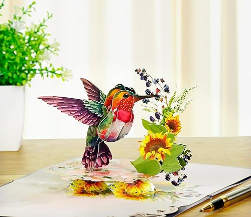 Miniatura 2 de CUTPOPUP Birthday Card Pop Up, 3D Pop-up Greeting, Mother's Day, Birthday Card for Women (Hummingbird Sunflower) Girasol, colibrí, 6 x 8