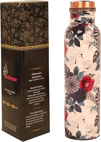 Botella de agua de cobre puro  Hecho a mano  Beneficios para la salud Ayurveda  Grande 35 oz  A prueba de fugas  Fácil de transportar para deportes,