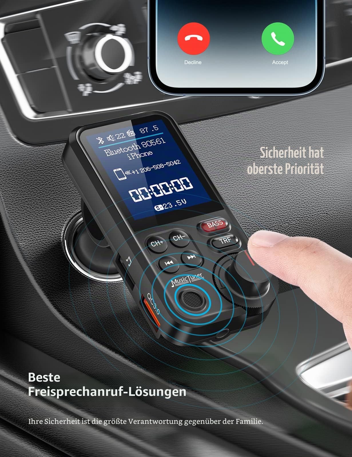 Nulaxy Bluetooth Adapter Auto, Starkes Mikrofon FM Transmitter Auto Bluetooth mit 1,8-Zoll-Farbbildschirm für Freisprechanrufe, unterstützt QC3.0-Lade-, Höhen- und Bassmusik-Player - KM30