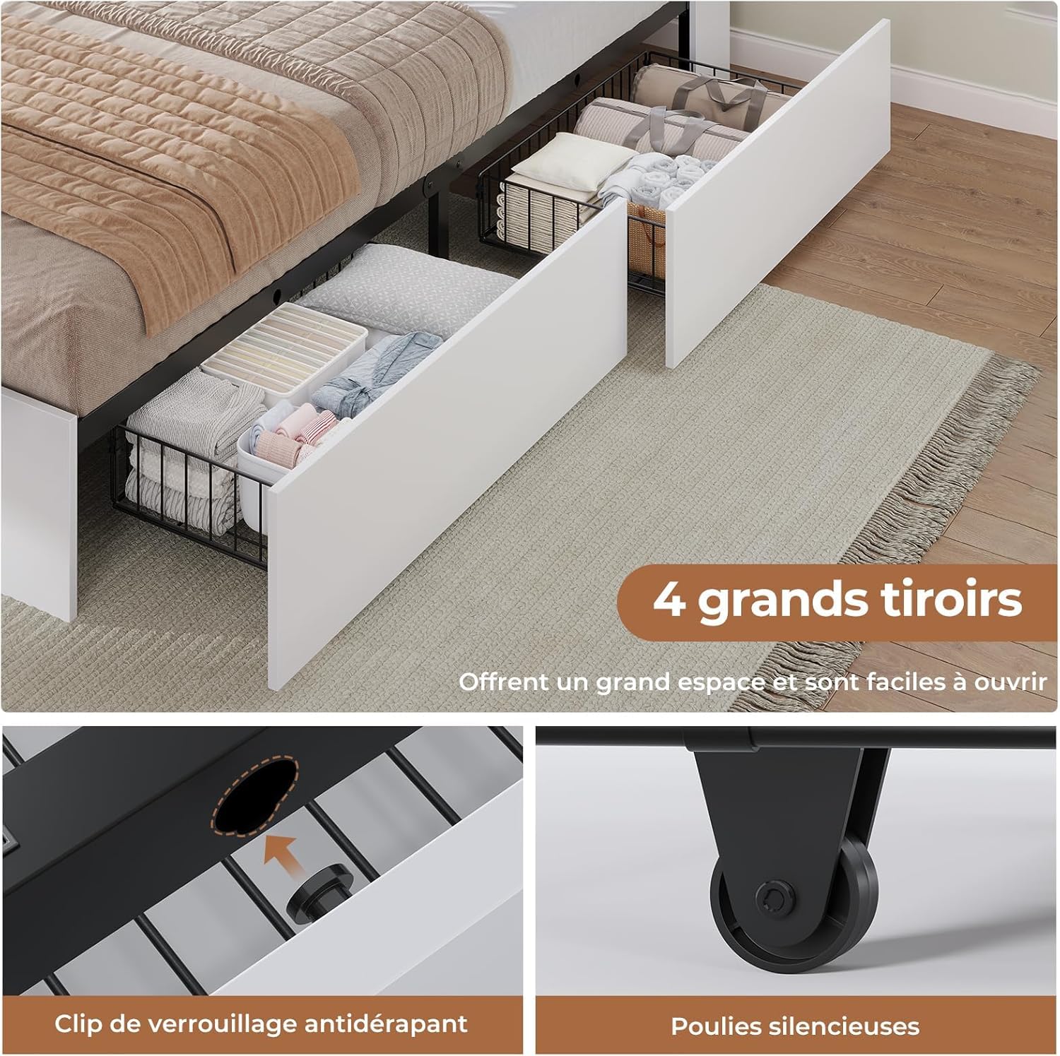 AOGLLATI Letto 140x190 cm con 4 Cassetti Contenitori, Letto Matrimoniale con Illuminazione a LED e Stazione di Ricarica, Struttura Letto con Testiera Imbottita in PU e Vano Nascosto, Bianco