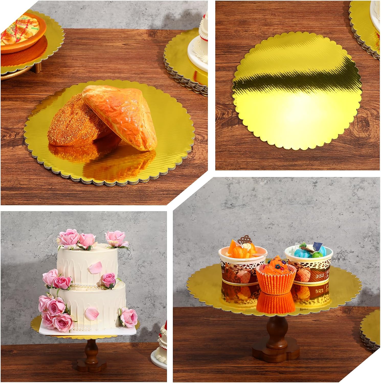 50 Pcs 12 Inch Gold Cake Board Rounds Cake Cardboard Disposable Coated Base Boards Cardboard Circles Plate Scalloped Base for Valentine Decorating Supplies Dessert（Thinner But Stronger）