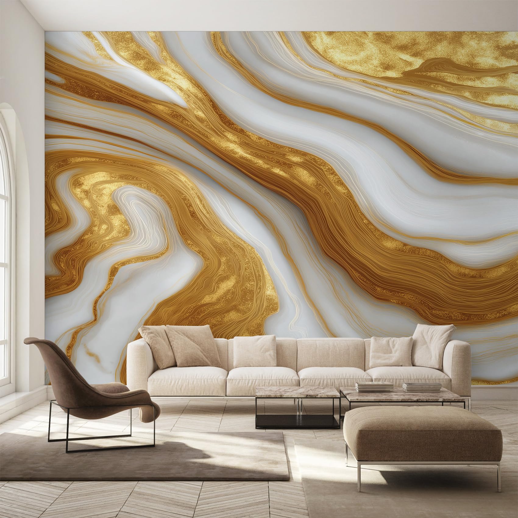 Papier peint intissé marbre blanc doré déco murale maison salon chambre 366x254cm