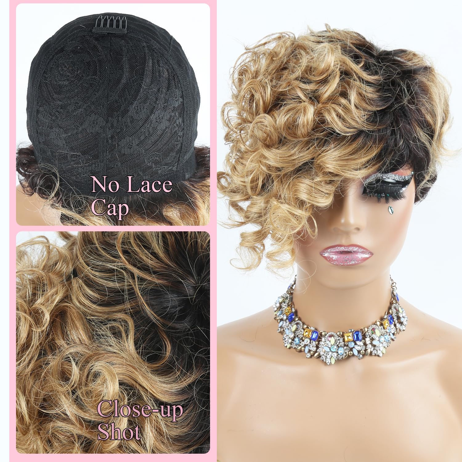 Short Layered Pixie Cut Wig Human Hair Wear and Go Curly Glueless Full Machine Amazon.com : TotoTwinkle No Glue Pixie Cut Human Hair Wig  main image 2