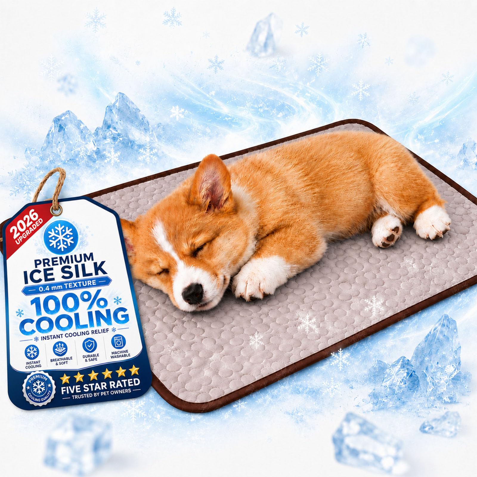 Pressure Activated Cooling Mat for Dogs XL, Washable Ice Silk Self Cooling Dog Mat, Breathable Non Slip Pet Cooling Pad for Large Dogs, Cats, Crates, Sofa, Car，brown：L(70 * 50cm)