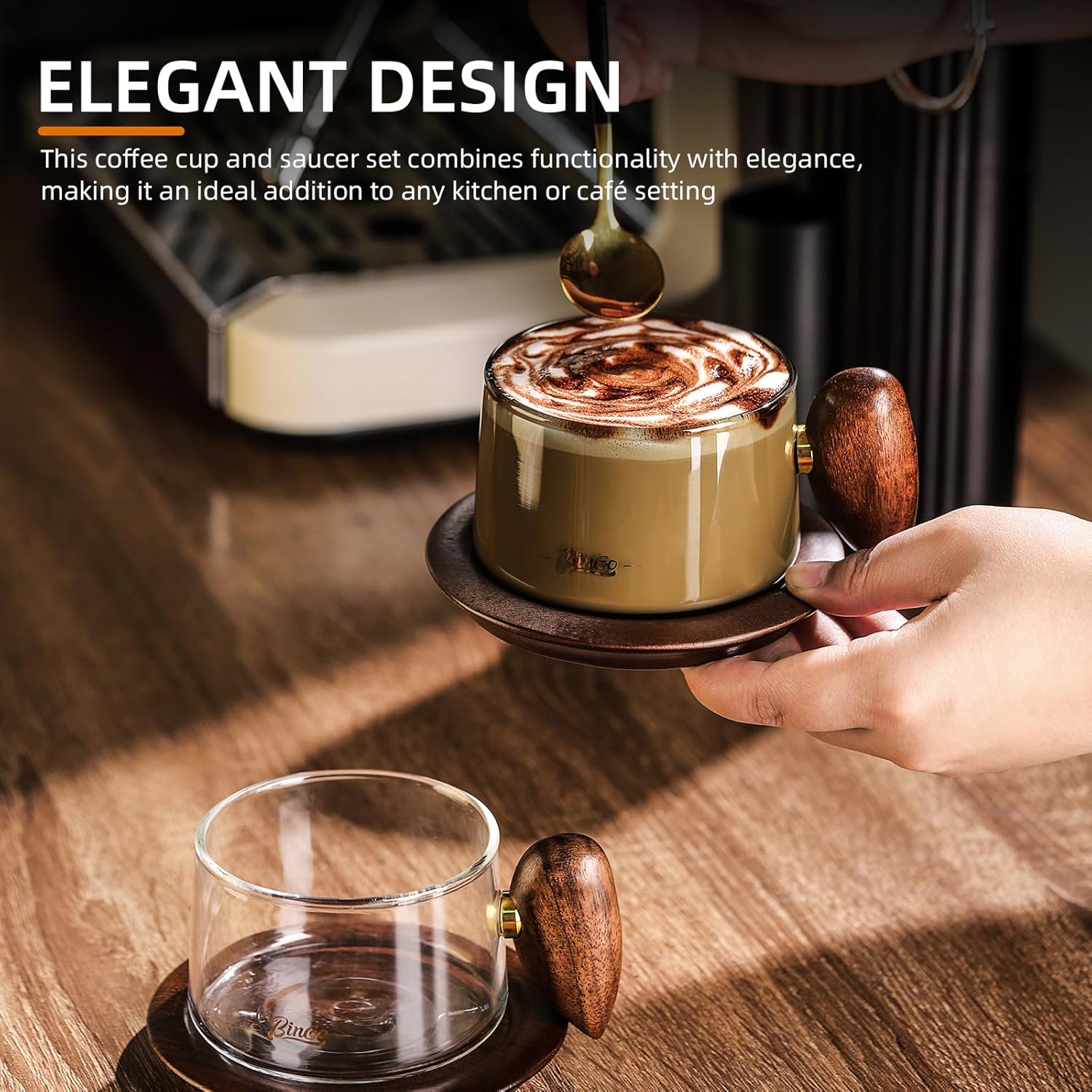 Bincoo Glass Coffee Cups and Saucers Set,250ML Clear Glass Iced Coffee Mug Espresso Cup Tea Cup with Walnut Coaster and Handle - Image 5