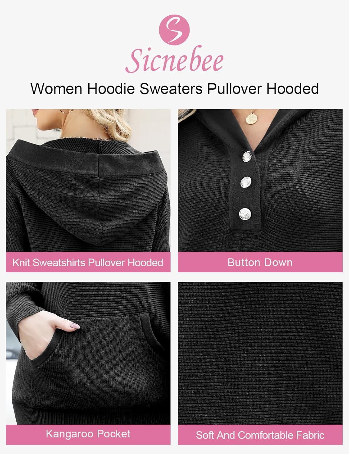 Women Hoodies Sweaters Oversized V Neck Striped Knit Pullover Sweatshirts Hooded Button Long Sleeve Tops with Pocket - Image 6