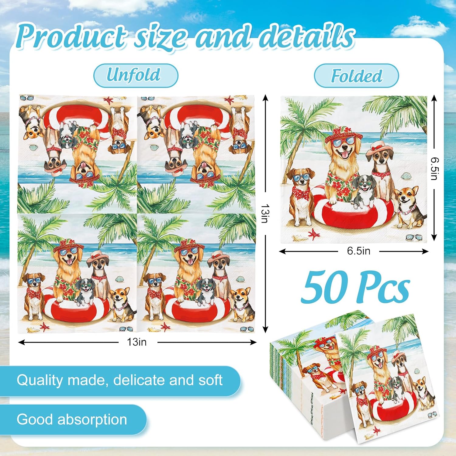 JarThenaAMCS 50 Pcs Summer Dog Paper Napkins Tropical Beach Disposable Luncheon Napkins Dessert Dinner Hand Napkin for Birthday Pool Party