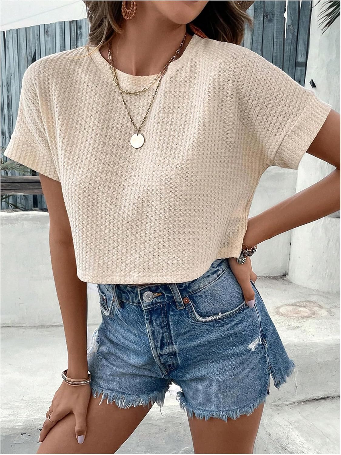 SweatyRocks Women's Crew Neck Crop Tops Waffle Short Sleeve T Shirts Casual Knit Top - Image 4