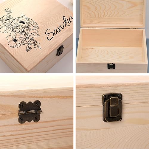 Miniatura 5 de Caja de recuerdos de madera personalizada con flor de nacimiento y nombre, caja de almacenamiento decorativa de madera personalizada con tapas, caja