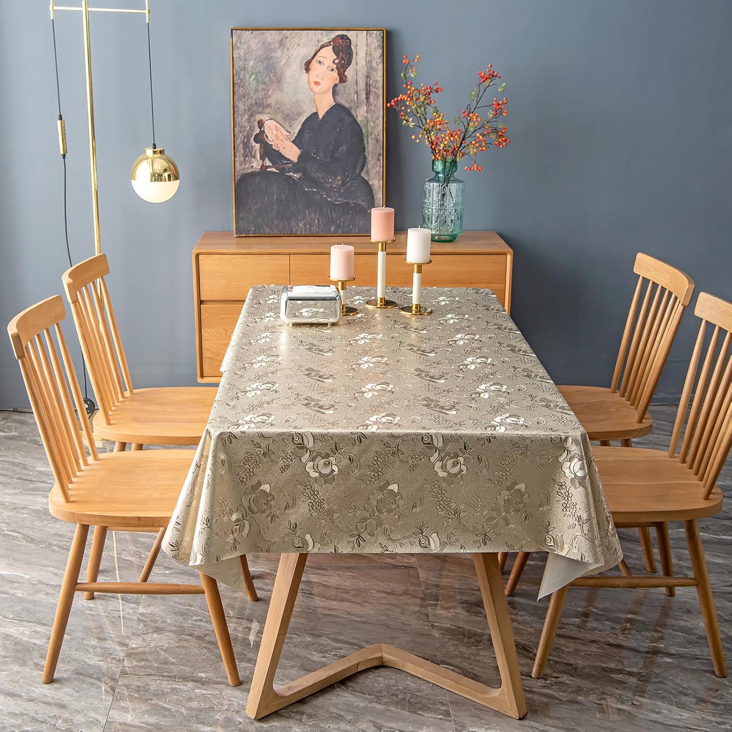 FAVE Gold Tablecloth Waterproof PVC Table Cover Wipeable Easy Clean for Kitchen Dining Table, Golden Rose Pattern 55x78 Inches for Wedding Banquet Birthday Party Restaurant Decors