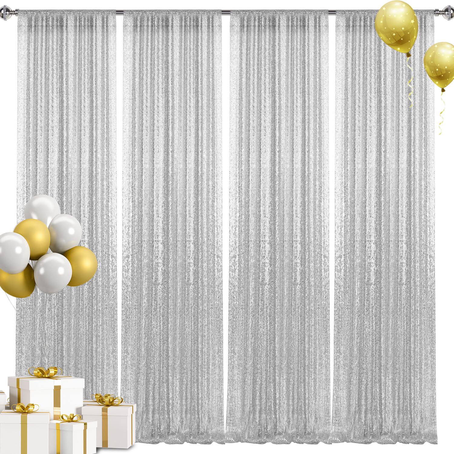 2×8FT-4PCS Silver Sequin Backdrop Curtains Panels, Photography Backdrop Glitter Curtains Fabric Background for Christmas Wedding Party Decor