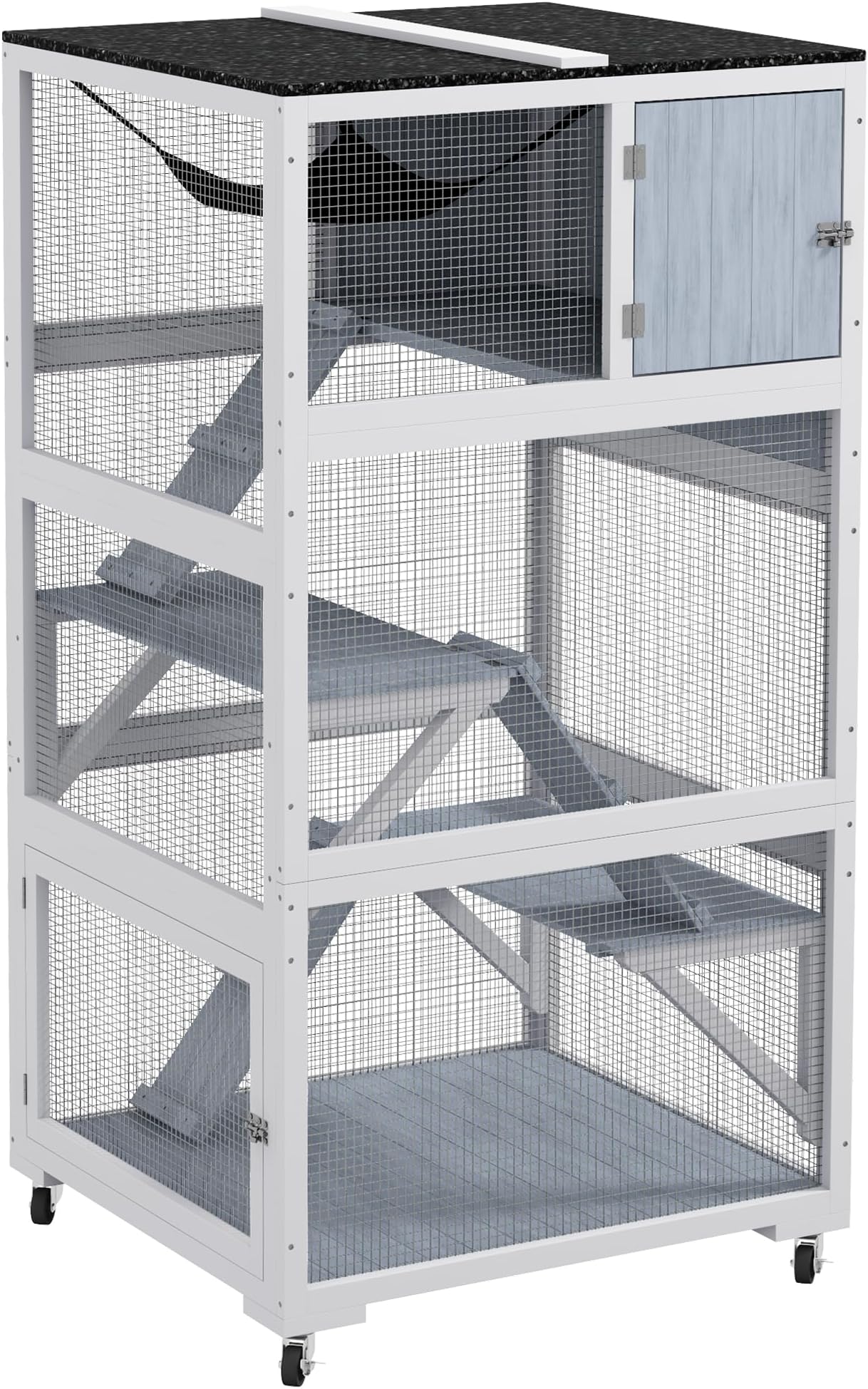 PawHut Catio 34" L Outdoor Cat House on Wheels with Weatherproof Roof Hammock Multiple Platforms